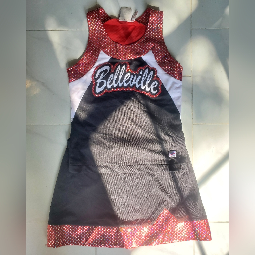 Belleville Cheerleading Uniform Black, Metallic Red, & Silver Spots Costume